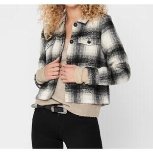 Lucky Brand Plaid Button Up Boxy Fit Sherpa Lined Shirt Jacket Black Small